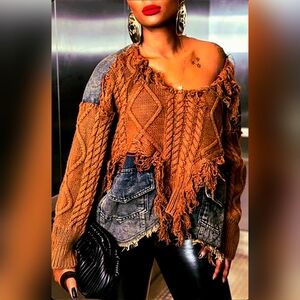 Orange Distressed Off Shoulder Sweater with Denim Accents
